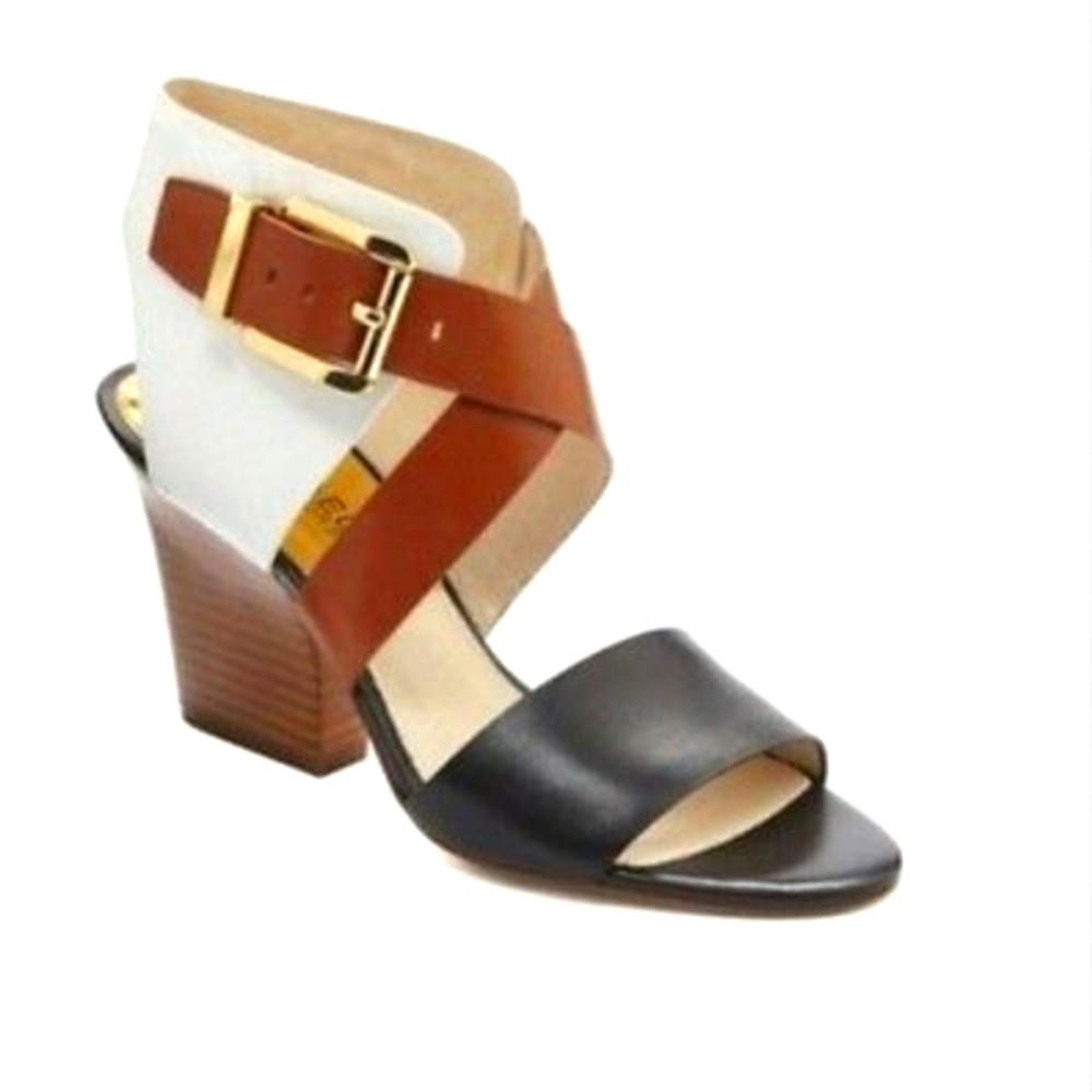 New MICHAEL Michael Kors Adriana Leather Sandals Optic Black Luggage 10M